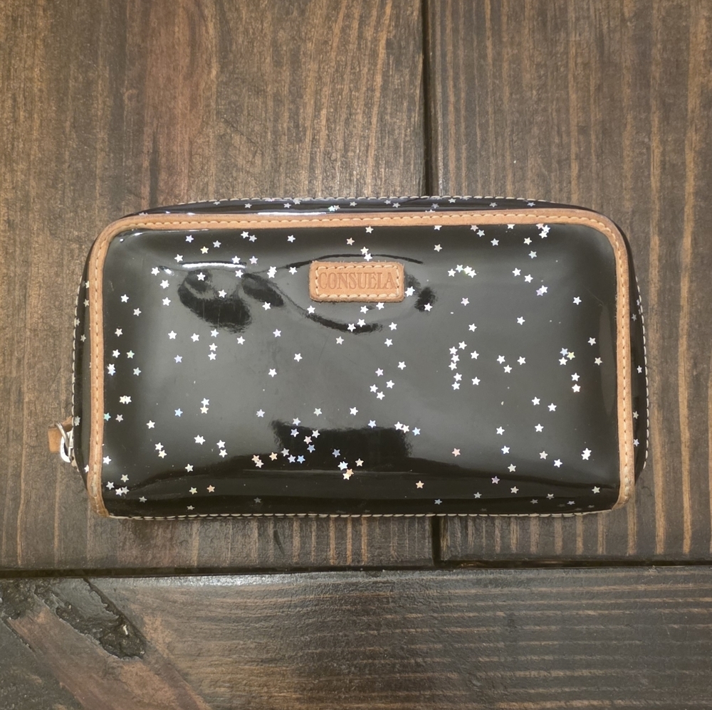 Consuela Black Patent Star Zip-Around Wallet with Tan Trim